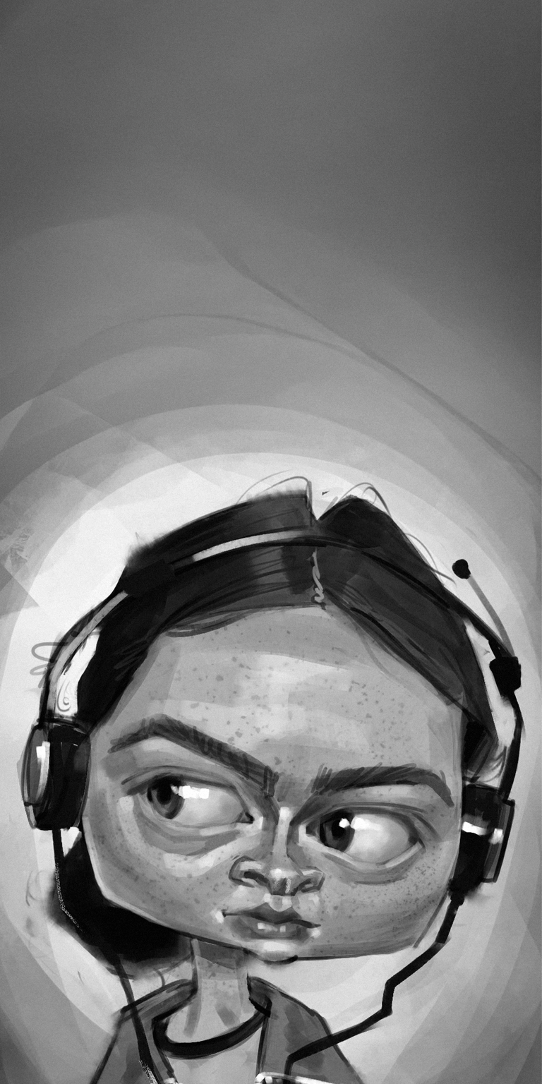 Download this striking Max Mayfield 4K wallpaper for your iPhone, showcasing a unique monochrome art style. This wallpaper features Max with headphones, a determined expression, and noticeable freckles.