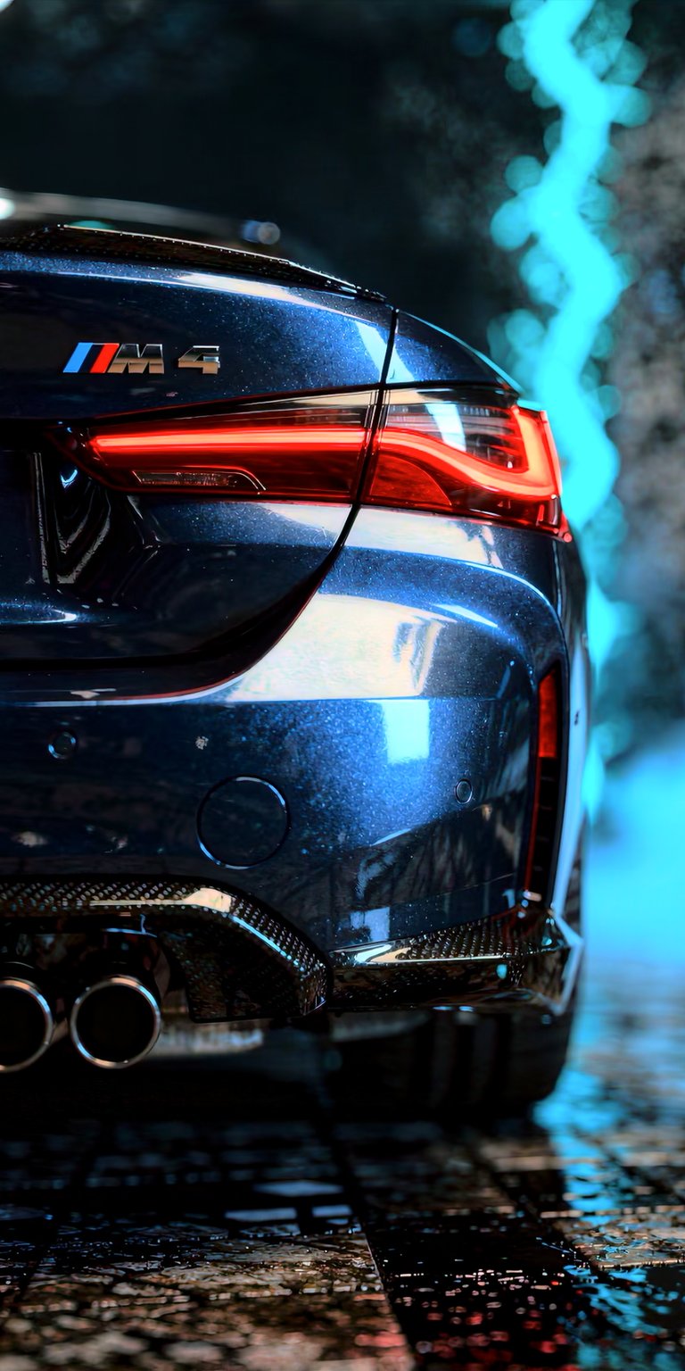 A detailed rear-angle shot of a BMW M4, focusing on the iconic LED taillights and quad-exhaust setup. The scene is set in a dark Minecraft-inspired urban environment with vertical blue neon lightning strikes illuminating the car's metallic blue paint. This wallpaper is perfect for those who love the "night drive" aesthetic and the precision of modern BMW design.