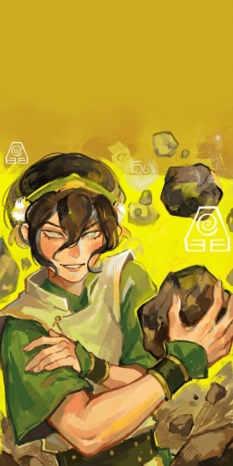 This Toph Beifong Earthbending 4K Static Wallpaper features a vibrant, painterly illustration of the iconic Earth Kingdom master for your iPhone. The aesthetic wallpapers style uses bold yellow and green tones with dynamic lighting to capture the powerful energy of the character.