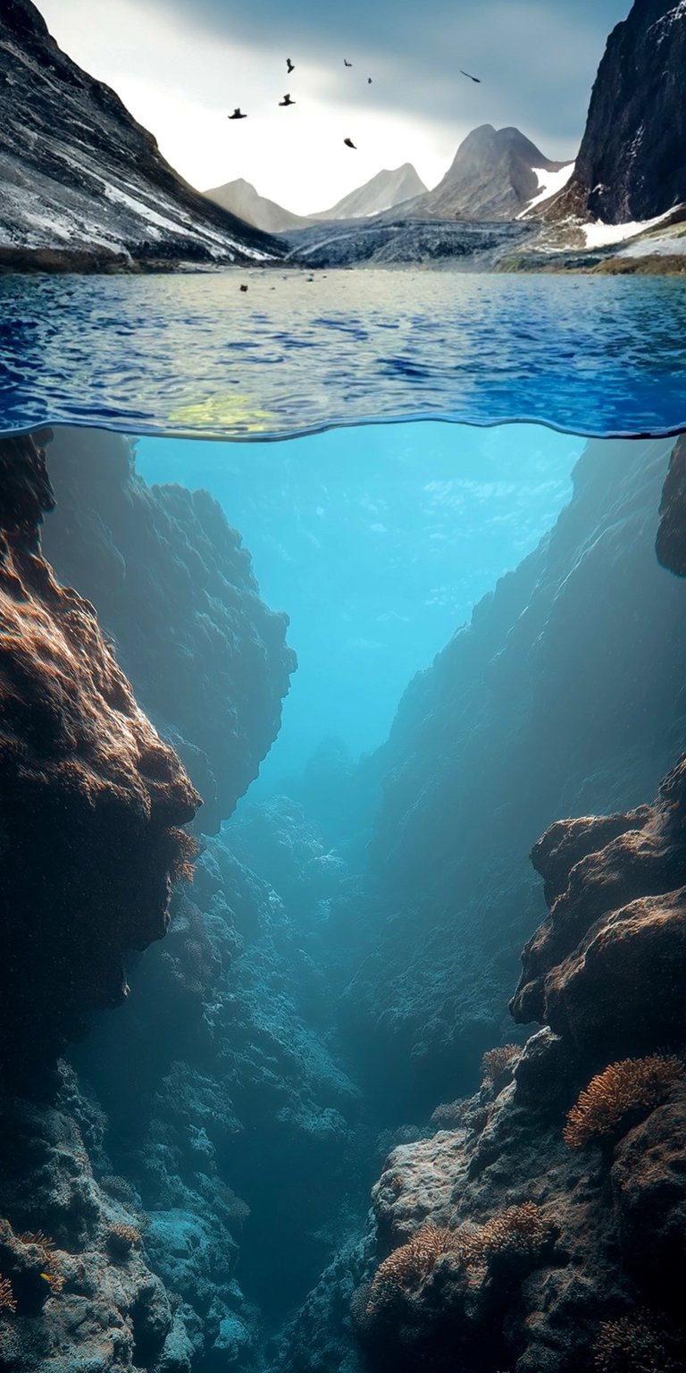 Experience the serene beauty of a split-view ocean on your iPhone with this 4K wallpaper. The image captures birds flying above a glacier-fed lake while revealing an underwater canyon with rock formations and light rays piercing through.