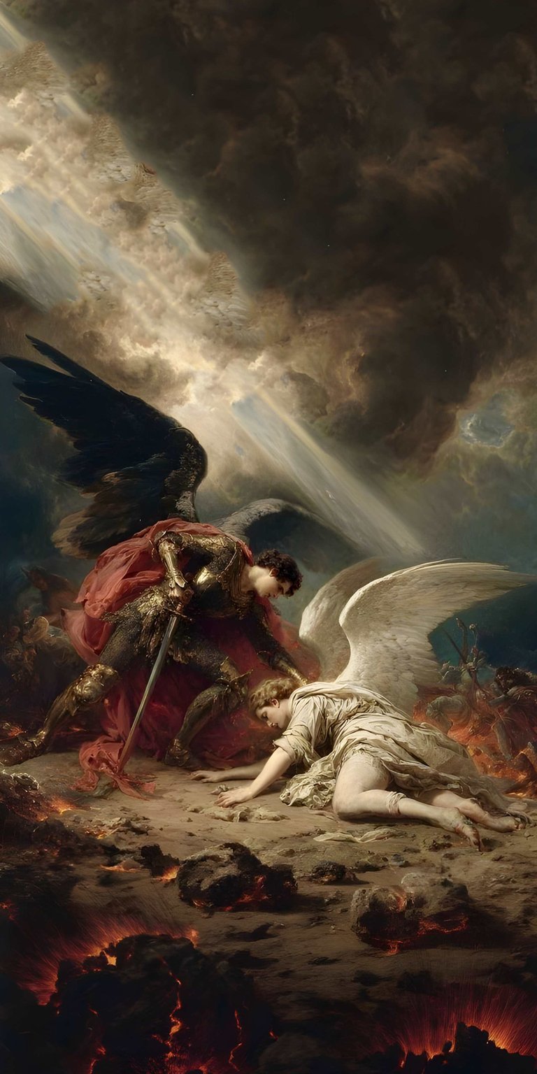 Fallen Angel 4K wallpaper featuring a dramatic winged figure over a defeated form in a dark heavenly scene. This aesthetic wallpaper emphasizes detailed wings, classical art style, and moody lighting, designed for iPhone.