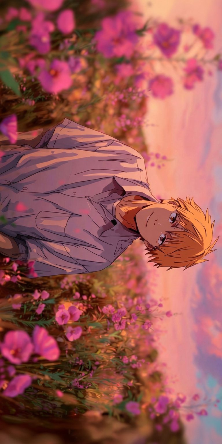 Download this vibrant Denji 4K wallpaper for your iPhone, showcasing the character lying in a field of pink flowers under a pastel sunset. This stunning wallpaper highlights Denji's orange hair and relaxed expression amidst a tranquil, colorful scene.