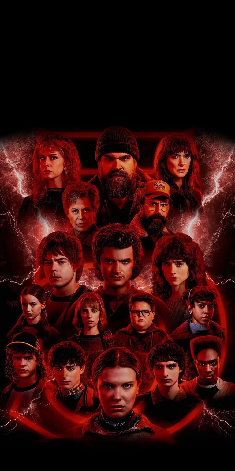 Download this striking Stranger Things 4K wallpaper for your iPhone, featuring the full cast amidst crackling lightning and a dramatic red backdrop. This high-resolution wallpaper highlights each character with incredible detail, capturing the intensity of the series.