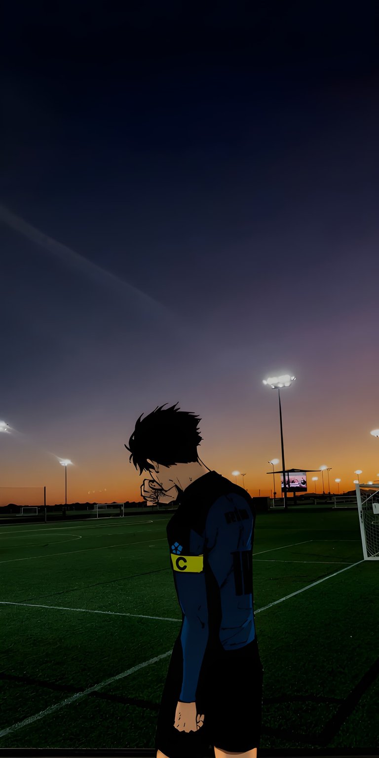Elevate your iPhone with this moody 4K wallpaper featuring Yoichi Isagi standing on a soccer field at dusk. This athletic anime wallpaper captures the intense atmosphere of Blue Lock with a realistic sunset horizon.