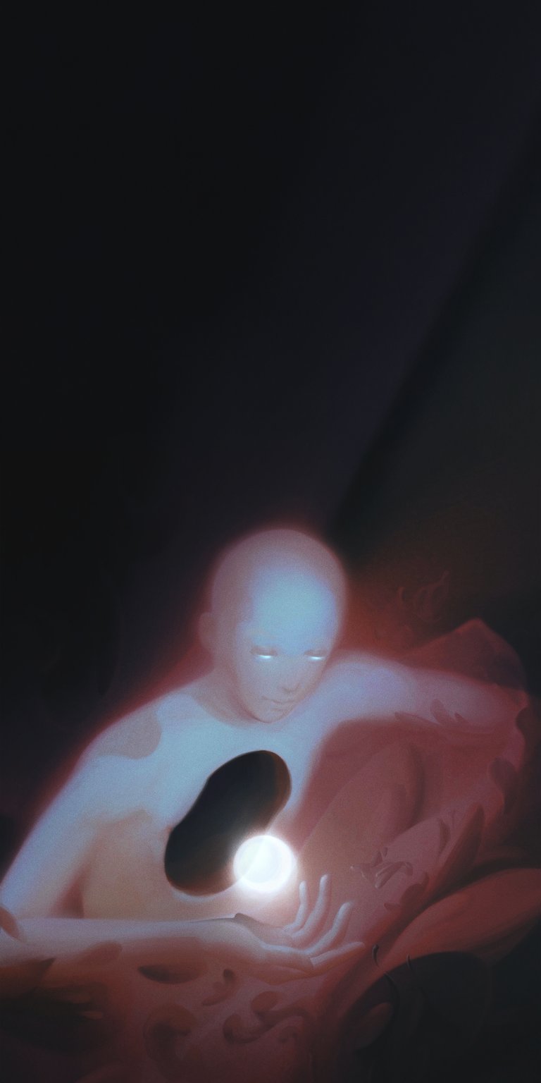 This aesthetic wallpaper features a glowing ethereal being holding a light orb within a dark, cinematic void. The high-contrast 4K design creates a mystical mood for your iPhone with soft red and blue lighting transitions.