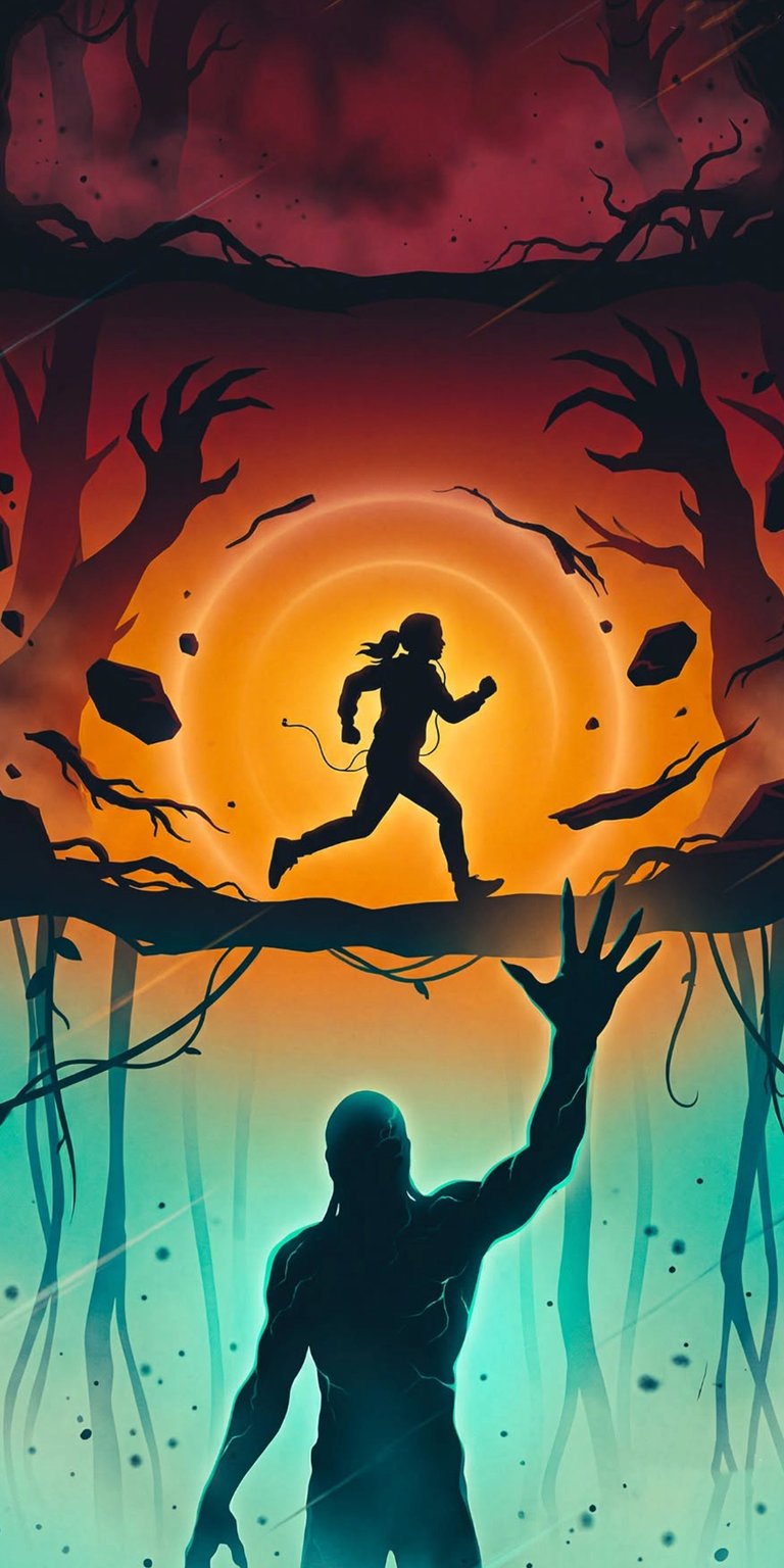 Download this stunning Stranger Things 4K wallpaper for your iPhone, featuring Eleven running and Vecna reaching up. The unique silhouette artwork is perfect for any wallpaper enthusiast.