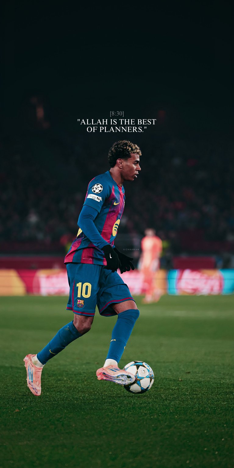 A stunning shot of the rising superstar Lamine Yamal in the FC Barcelona colors. The wallpaper features the religious quote "ALLAH IS THE BEST OF PLANNERS," celebrating the young winger's faith and his incredible breakthrough in world football.