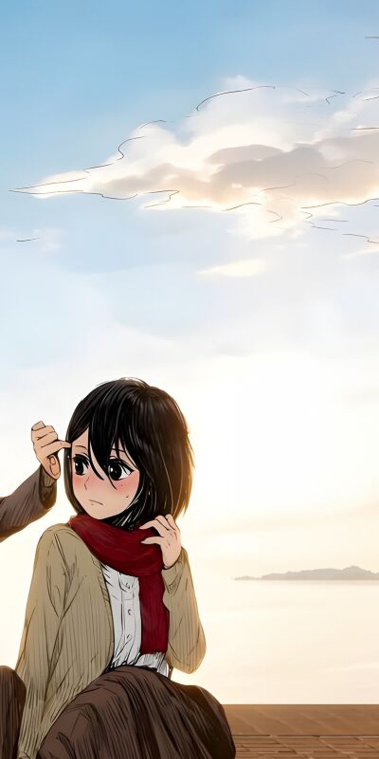Enjoy this Eren and Mikasa 4K wallpaper for your iPhone, showing both sitting with a large blue sky above them. This wallpaper works as a matching wallpaper so you can share it with someone else.