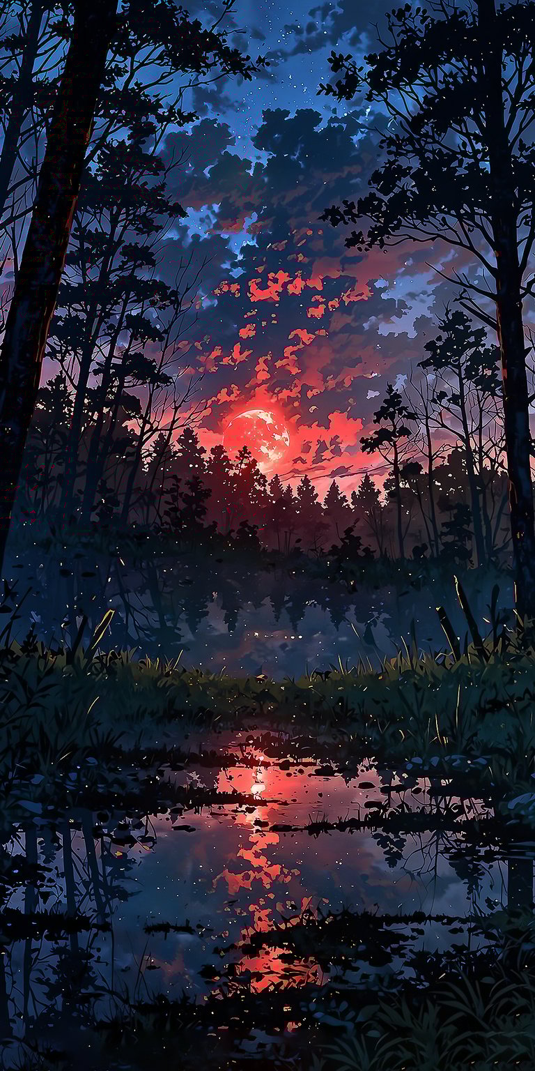 Animated sunset at the forest wallpaper iPhone HD