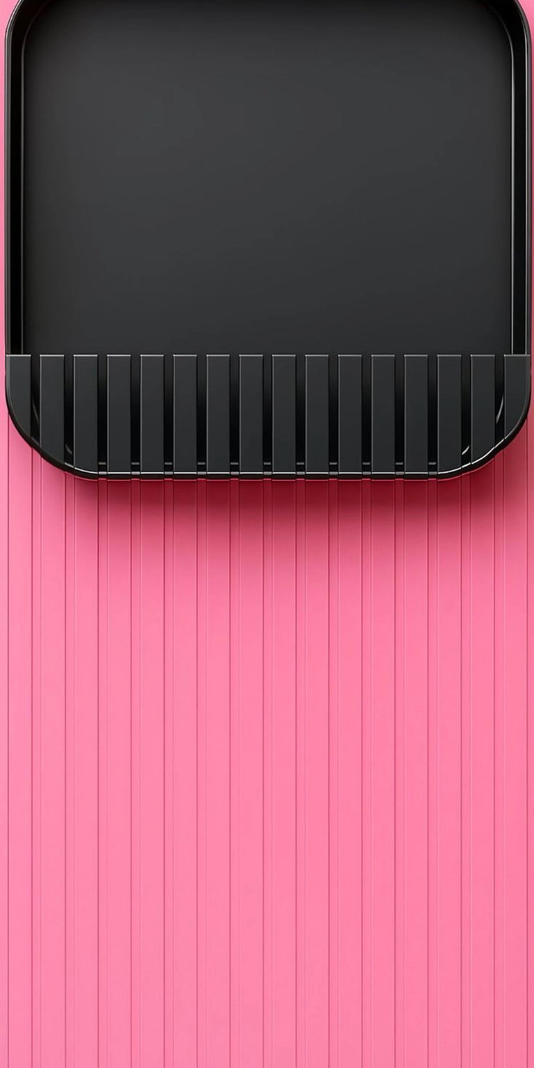 A unique minimalist wallpaper that blends industrial textures with a vibrant pastel pink color palette. The bottom half features a vertical ribbed or corrugated texture, while the top shows a smooth, dark metallic element. It’s a perfect mix of "soft girl" aesthetic and rugged industrial design.