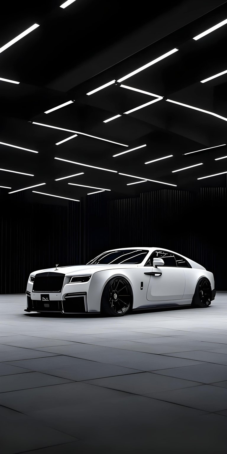 This premium car wallpaper features a white Rolls-Royce parked inside a sleek, modern garage. It is an elegant OLED wallpaper designed to highlight luxury on your iPhone lock screen.