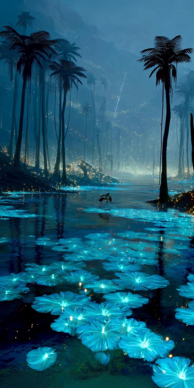 Transform your iPhone with this stunning Tropical River 4K wallpaper, featuring glowing lily pads and tall palm trees. The calm water and magical glow create a serene, captivating mobile wallpaper.