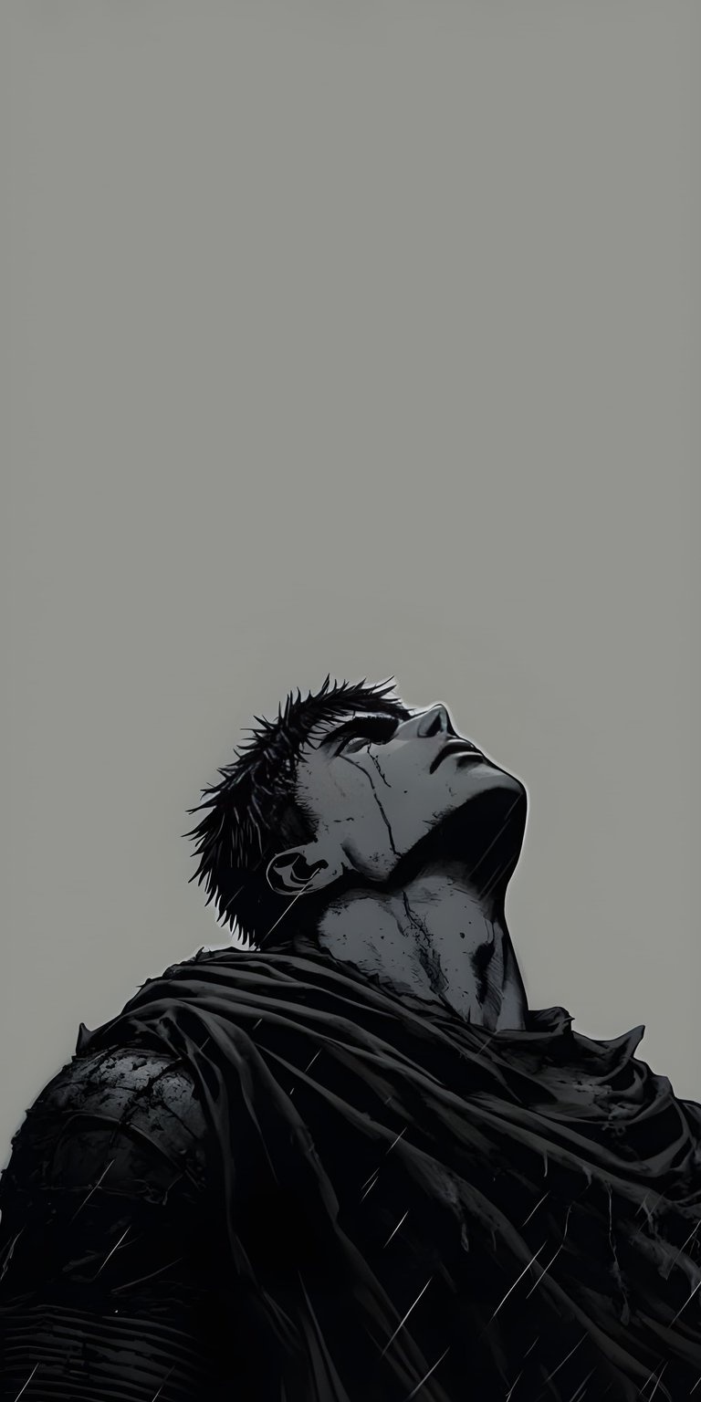 Download this striking Guts 4K wallpaper for your iPhone, showcasing the character looking upwards with tears streaming down his face, with a heavy black cloak draped over his shoulders. This unique wallpaper captures the somber, gritty atmosphere of the manga.