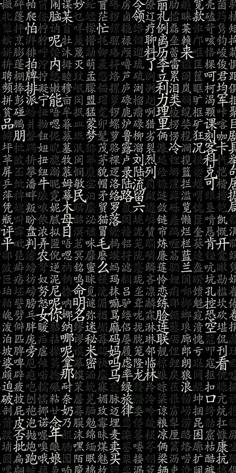 This 4K wallpaper features a mesmerizing pattern of Chinese characters in white against a solid black background, perfect for your iPhone. The dense arrangement and varying character sizes create a visually rich and dynamic wallpaper.
