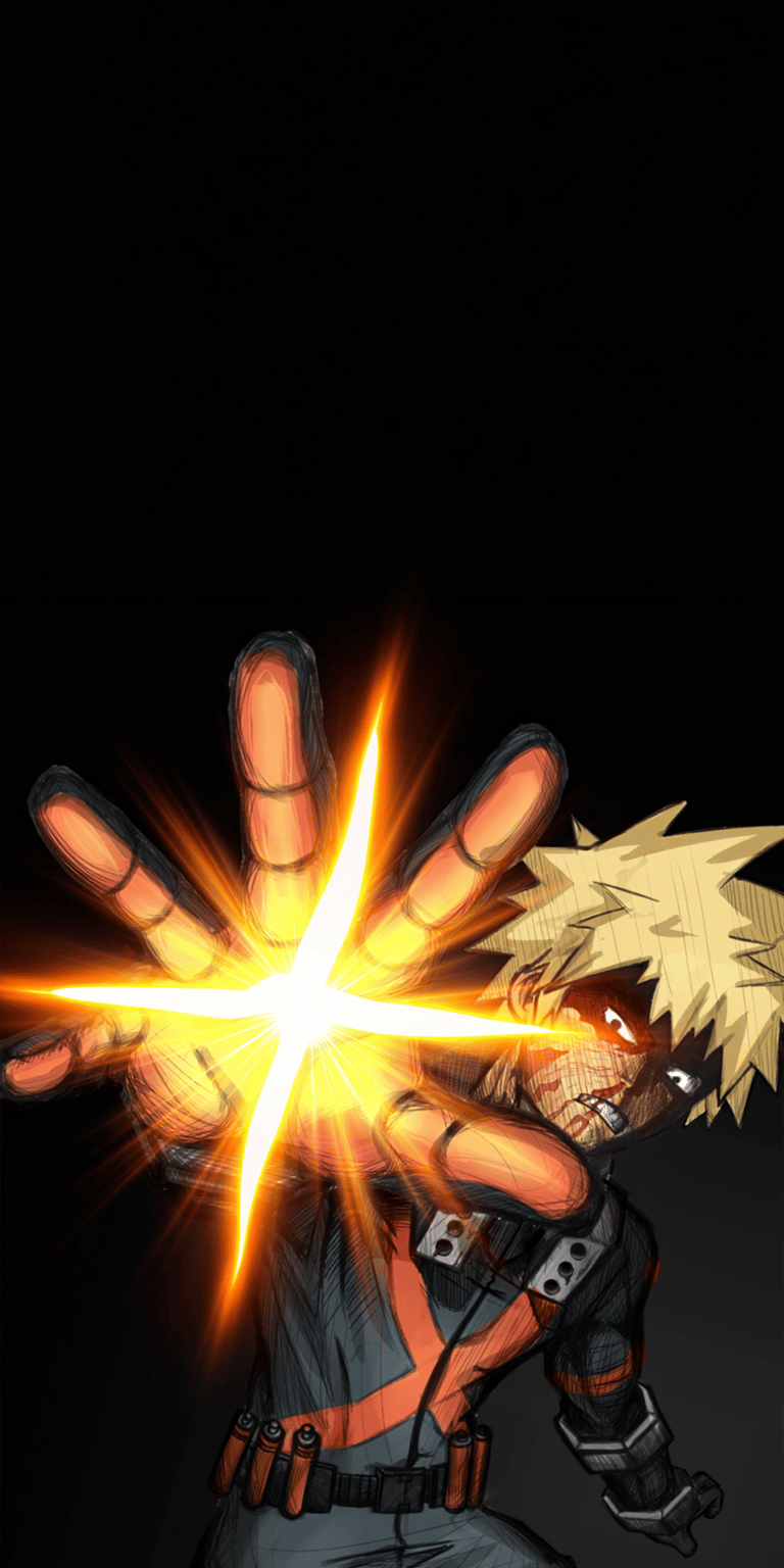This intense 4K wallpaper features Bakugo from My Hero Academia, unleashing his explosive power. The iPhone wallpaper showcases Bakugo's determined expression, gritty suit, and the dynamic light emanating from his hand.