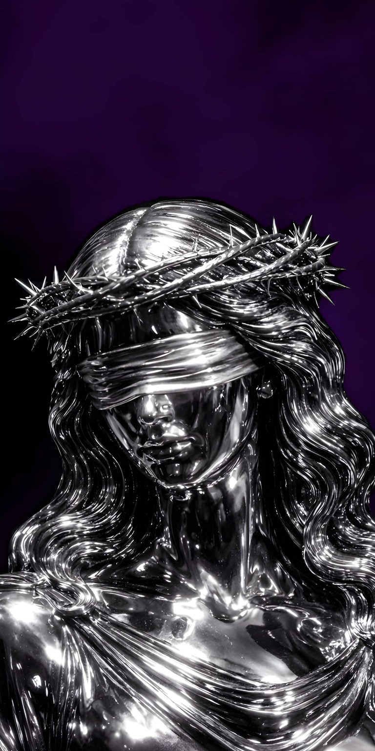 Silver statue aesthetic wallpapers presented as a dramatic sculptural wallpaper designed for iPhone. This wallpaper features reflective chrome textures, deep purple background tones, and moody studio lighting for a powerful, cinematic wallpaper look.