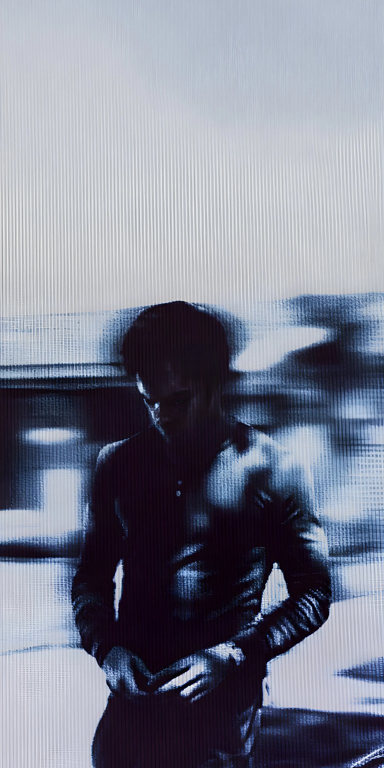 Download this striking Dexter Morgan wallpaper in 4K resolution, perfect for your iPhone. The wallpaper showcases Hynes in a button-down shirt against a textured, vertically-lined background with a cool blue filter.