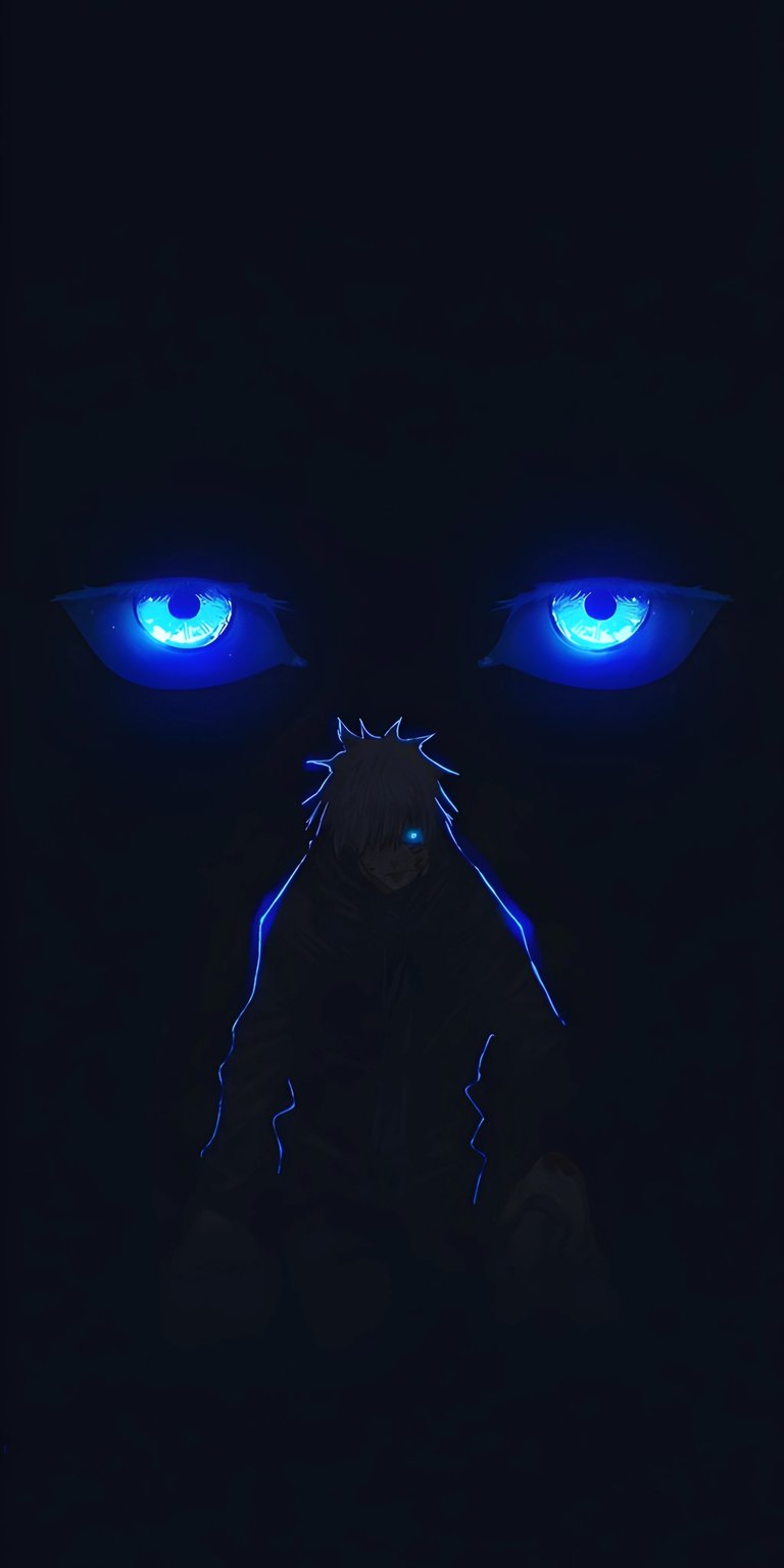 Download this striking Gojo Satoru 4K wallpaper for your iPhone, showcasing the iconic anime character. The wallpaper features luminous blue eyes piercing through the dark, along with a glowing outline on his jacket and hair.