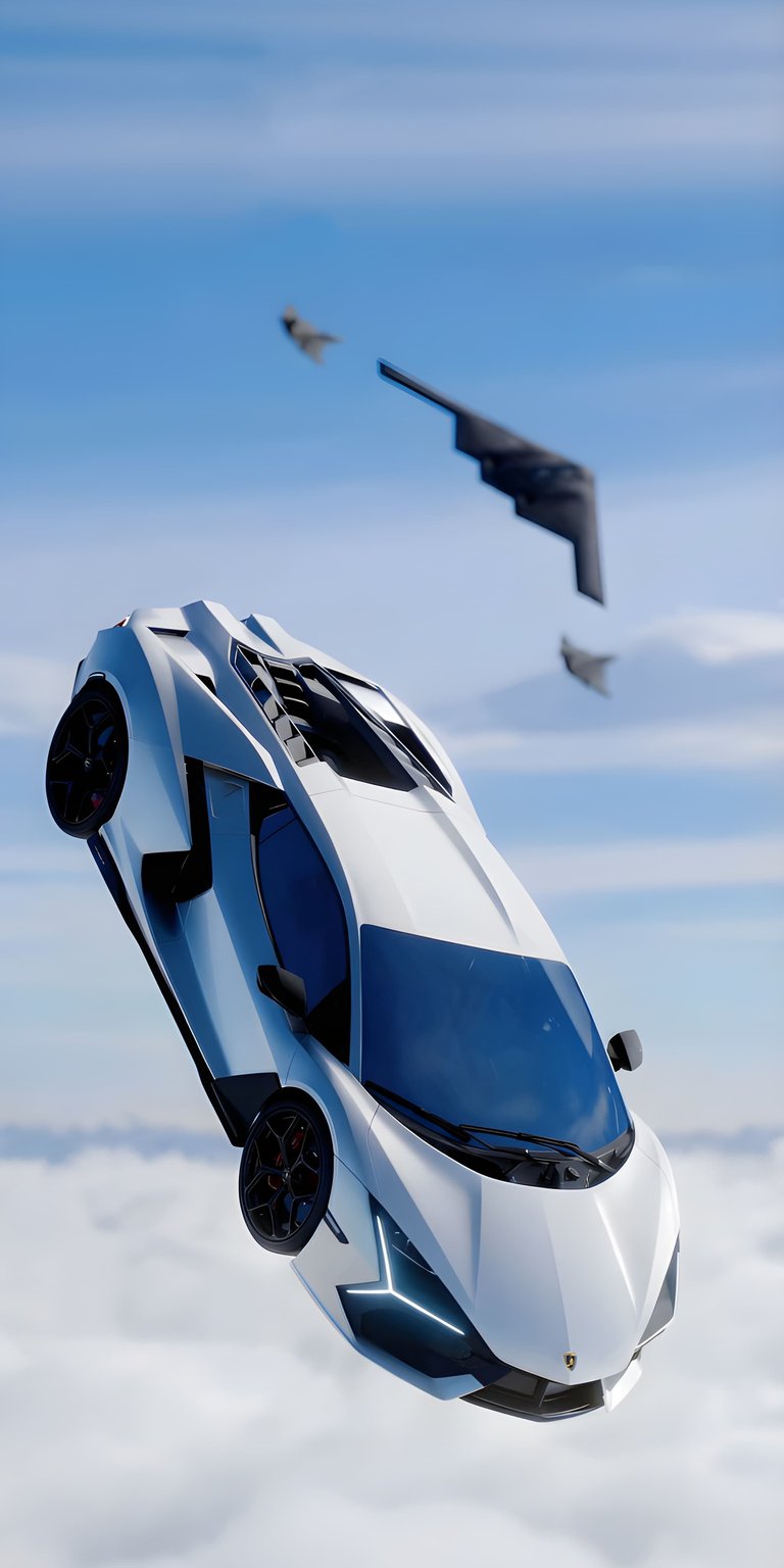 This high-octane 4K wallpaper features a white Lamborghini Revuelto soaring through the clouds alongside stealth bombers. Designed as an aesthetic wallpaper for iPhone, it captures a surreal cinematic atmosphere with bright daylight and sharp geometric silhouettes.