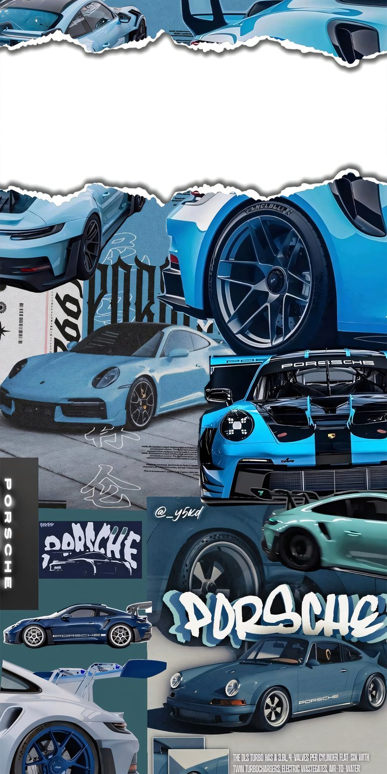 This wallpaper features a clean, modern aesthetic collage centered around the iconic Porsche 911 in a stunning baby blue finish. The design incorporates detailed shots of the alloy wheels, the classic Porsche lettering, and various body angles. It offers a sophisticated, "Pinterest-style" automotive look that is both stylish and high-performance.