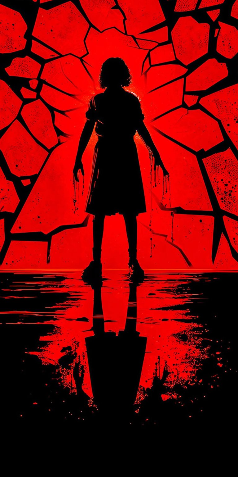 Download this striking Eleven 4K wallpaper for your iPhone, featuring a silhouette against a red fractured background. This wallpaper showcases Eleven with streaming elements from her hands and a dark, reflective surface.
