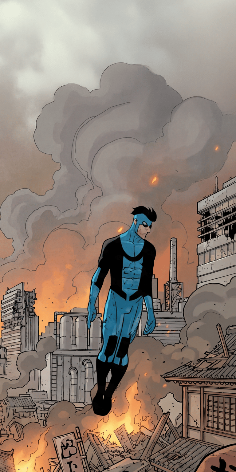 This 4K wallpaper features Mark Grayson in his blue and black suit hovering over a devastated city landscape. Designed for iPhone, this aesthetic wallpaper captures a somber, cinematic mood with muted tones and rising smoke.