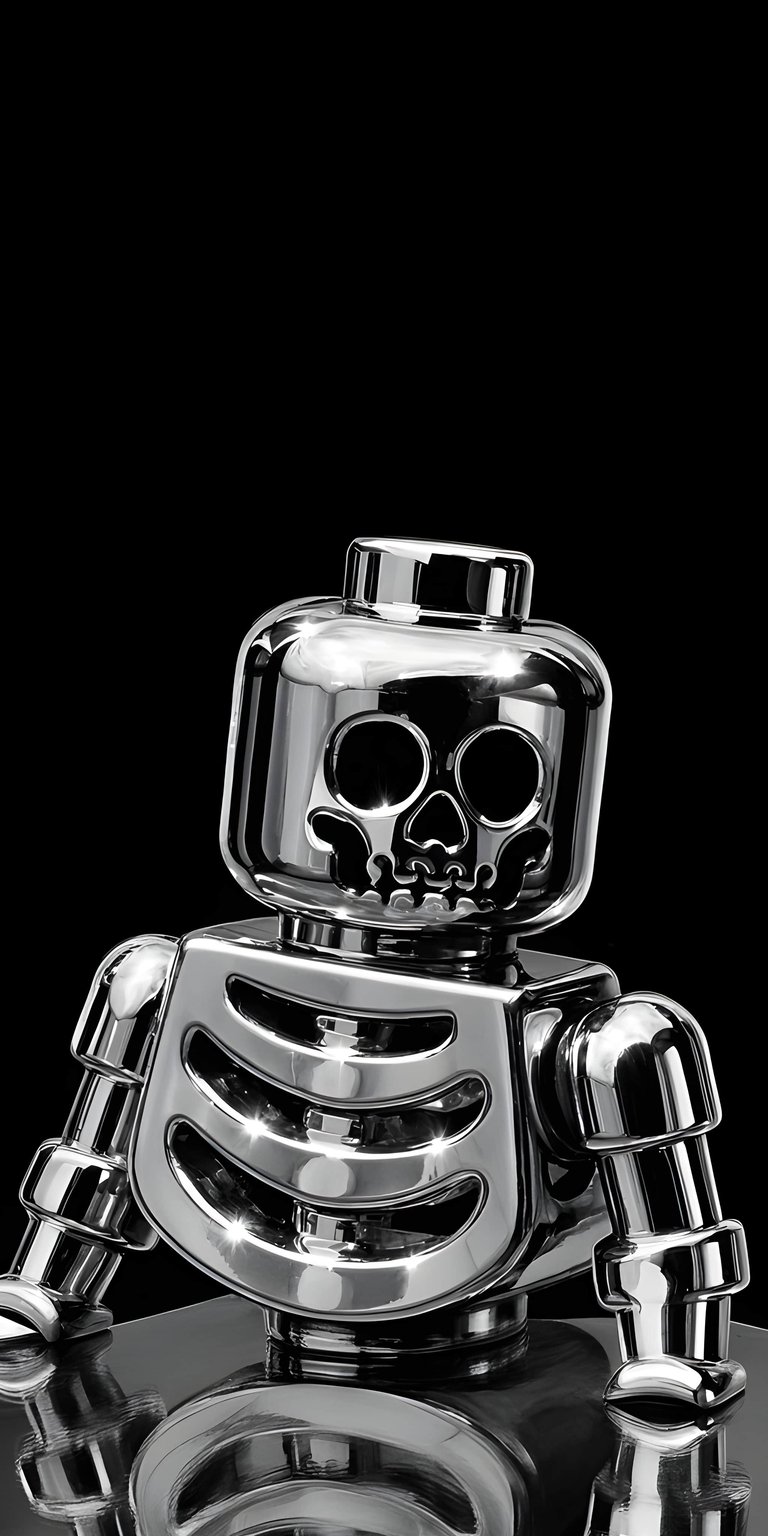 Download this stunning Lego Skeleton 4K wallpaper for your iPhone, showcasing a chrome-plated Lego skeleton figure against a sleek black backdrop. The reflective surfaces highlight the skeleton's unique design, from its blocky head to its ribcage.