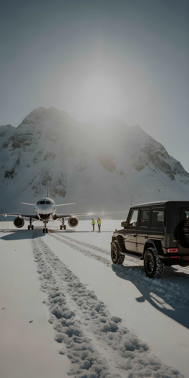 The ultimate symbol of wealth and adventure. This wallpaper features a sleek white private jet parked on a snowy mountain runway alongside a rugged black Mercedes-Benz G-Class (G-Wagon). The bright, crisp winter sun reflecting off the snow provides a clean, minimalist, and "old money" aesthetic.