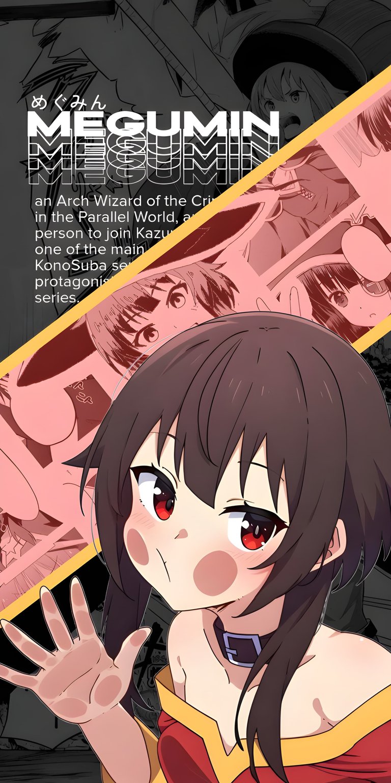 This vibrant 4K wallpaper features the explosion arch-wizard Megumin from Konosuba in a stylish graphic layout perfect for your iPhone. Enhance your screen with this high-resolution anime wallpaper showcasing her iconic red outfit and playful expression.