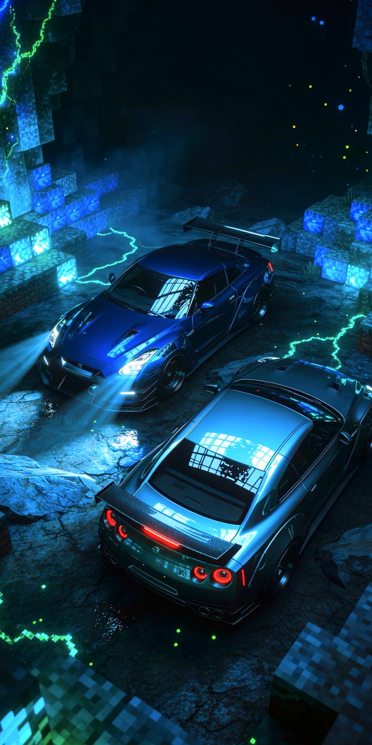 A cinematic shot featuring two Nissan GTRs parked side-by-side in a bioluminescent Minecraft cave setting. The blue lighting catches the metallic finish of the cars and the crystalline structures of the surrounding blocks. This wallpaper is perfect for fans of high-performance vehicles and the immersive atmosphere of modded Minecraft environments.