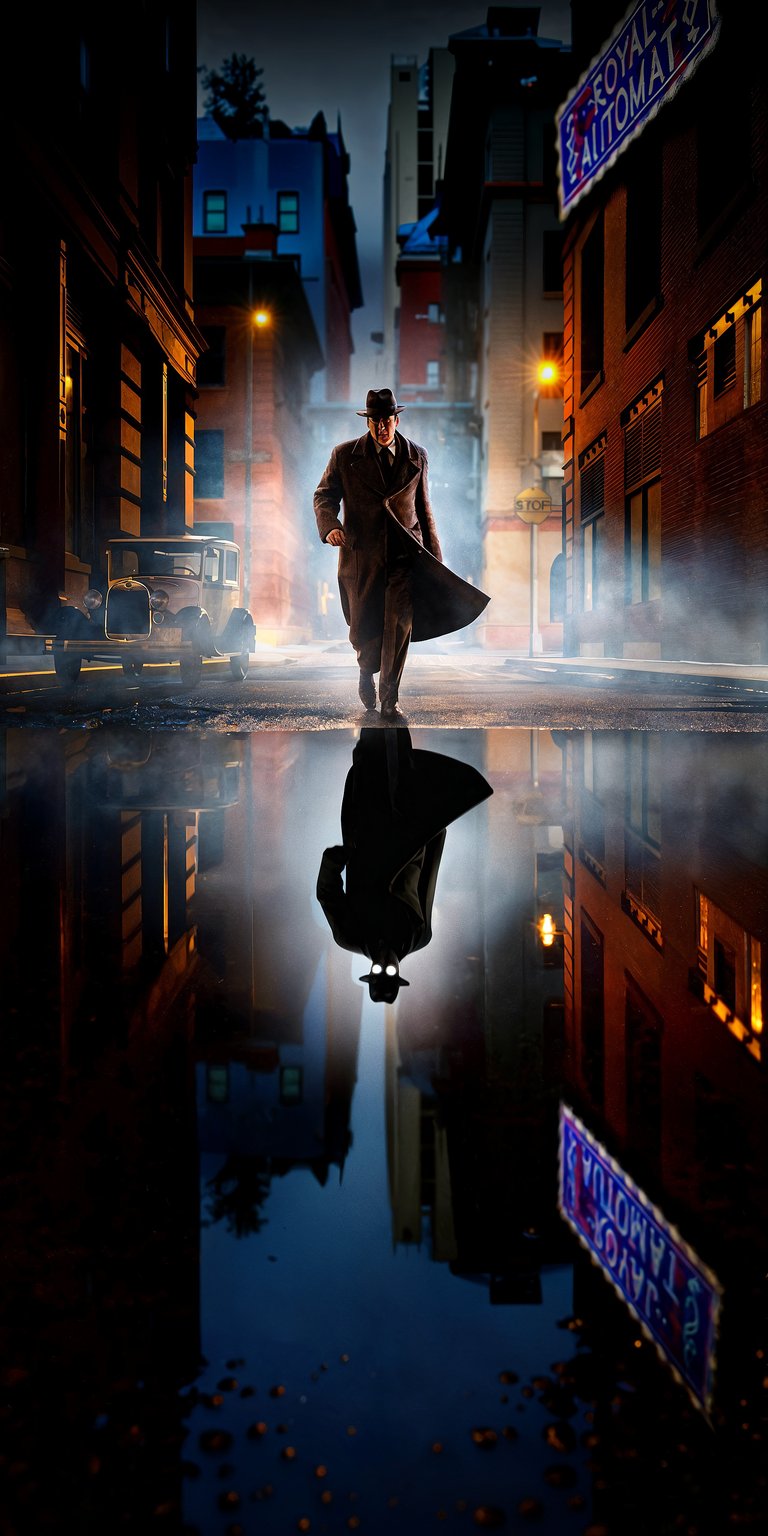 This aesthetic wallpapers choice features the gritty Spider-Man Noir walking through a rain-slicked street with a striking masked reflection. This 4K wallpaper for iPhone captures a cinematic noir mood with high-contrast shadows, warm street lamps, and deep blue tones.