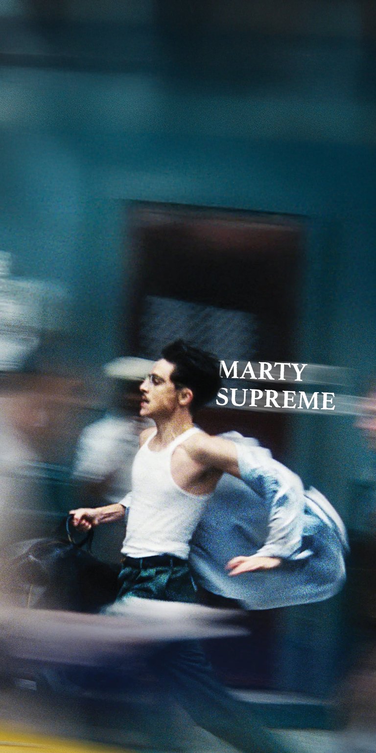 Get this Marty Supreme 4K wallpaper for your iPhone, showing a man in motion. This wallpaper showcases a white tank top, a blue jacket, and a dynamic sense of movement.