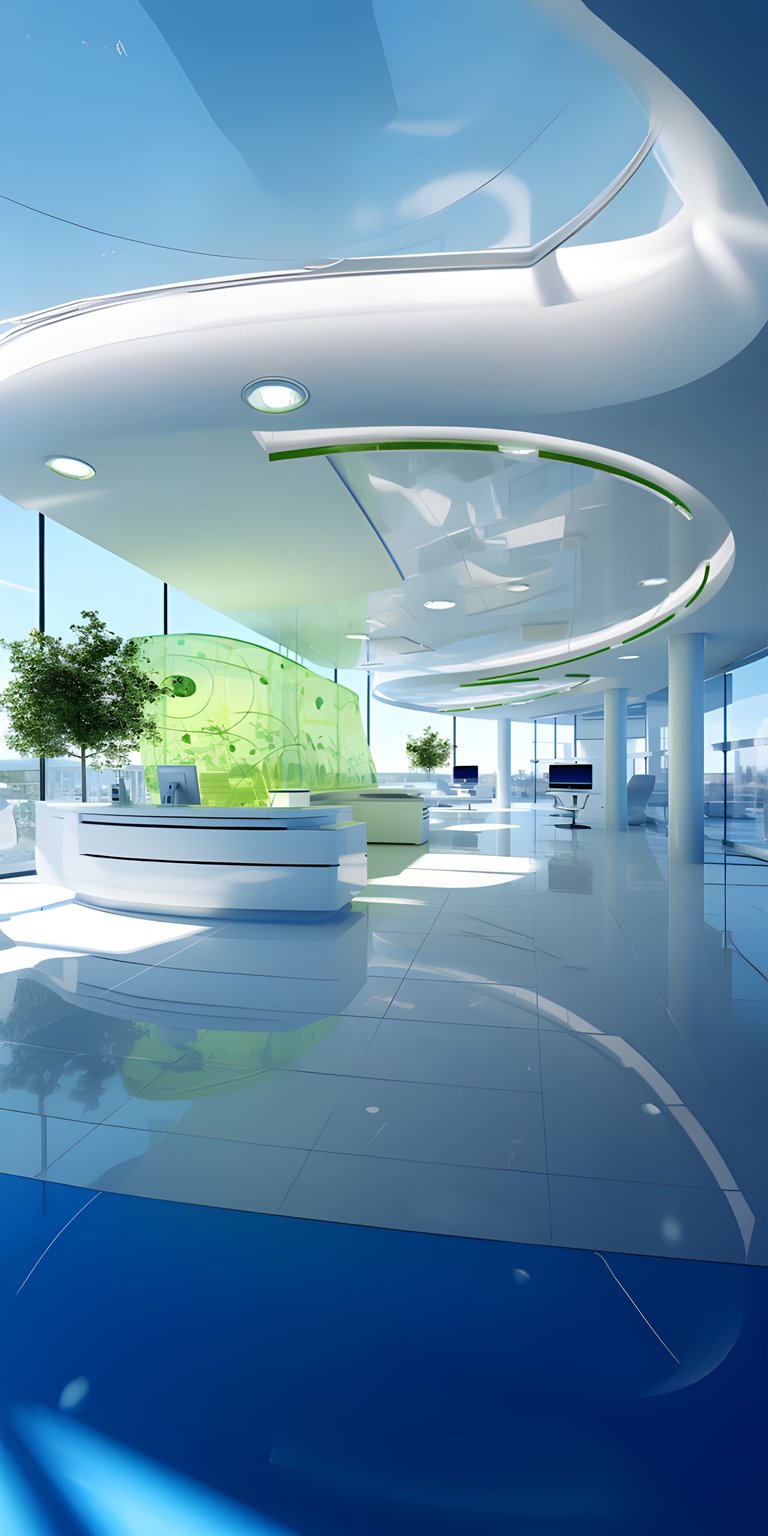 Download this stunning 4K wallpaper of a modern office building for your iPhone. The wallpaper features sleek, white reception desks, a translucent green wall, and shiny floors that reflect the natural light.