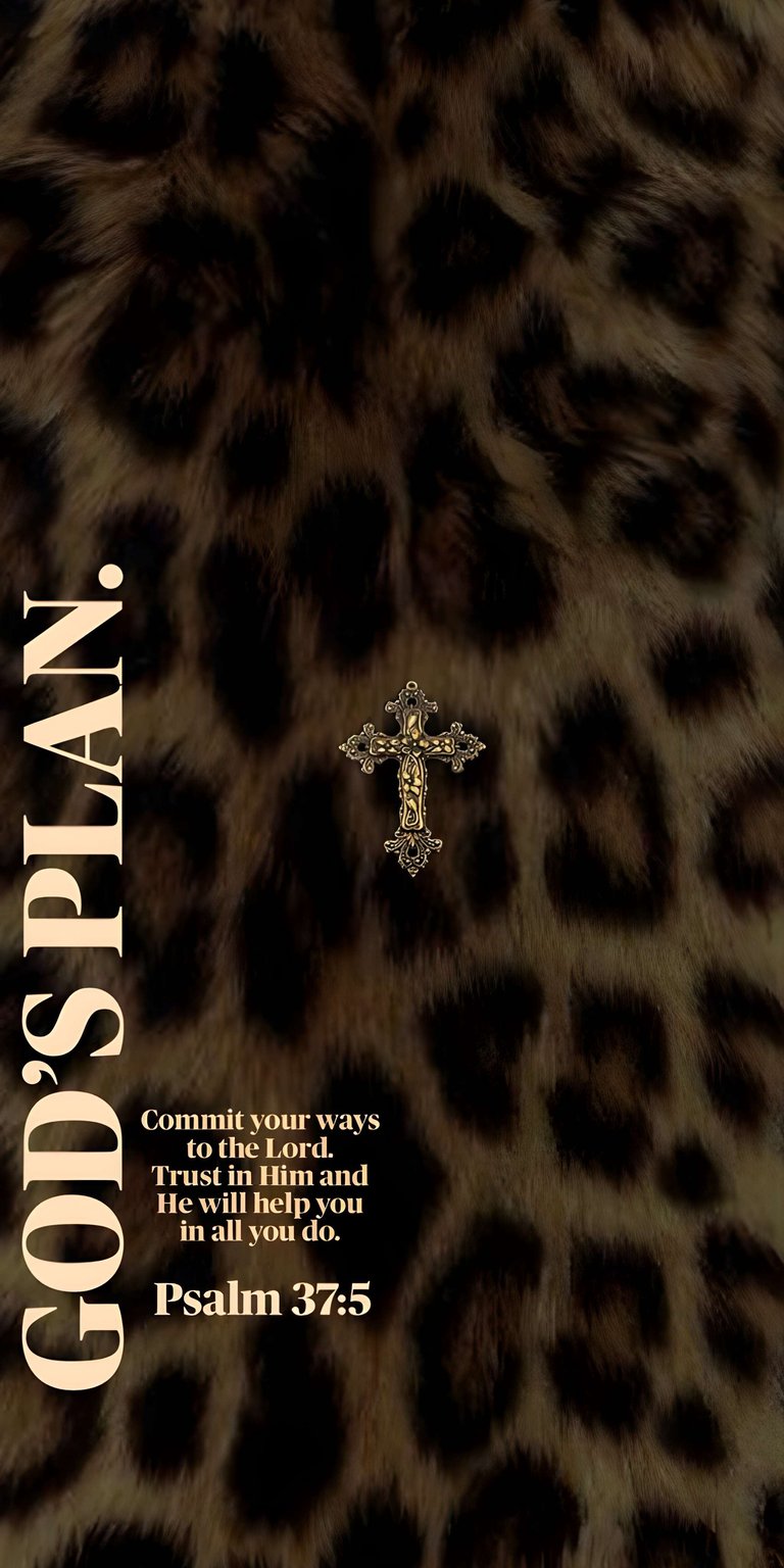This spiritual 4K wallpaper features a golden ornate cross and Psalm 37:5 typography set against a bold leopard print for your iPhone. The aesthetic wallpaper creates an empowering mood with its rich brown textures and warm golden accents.