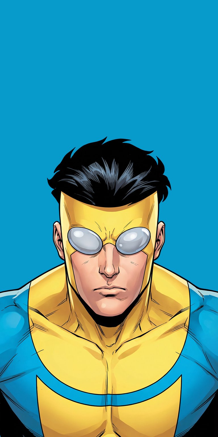 Get this Invincible wallpaper for your iPhone, featuring a high-resolution 4K image. The suit is primarily gold with blue accents, and he has short black hair.