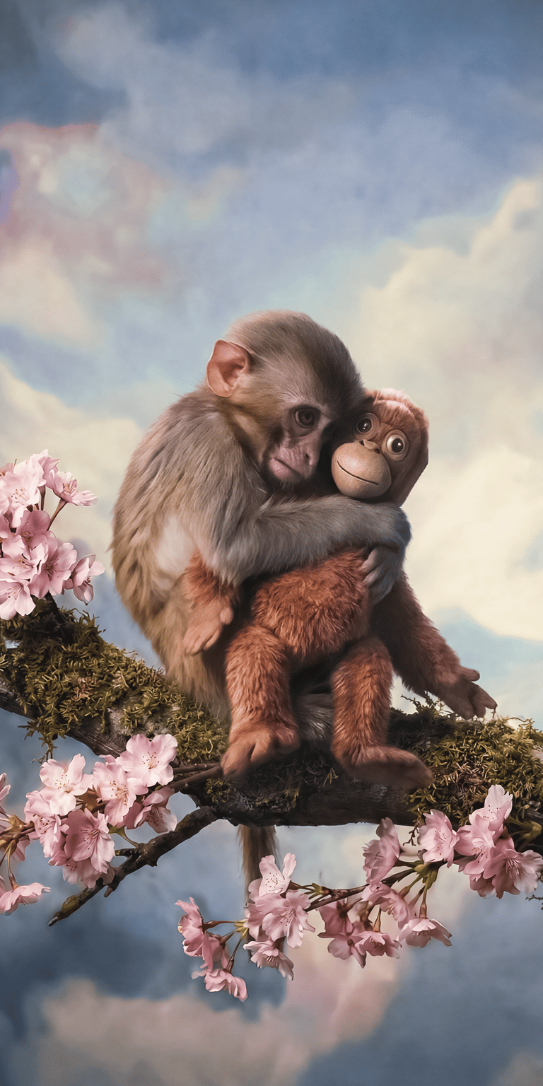 This 4K wallpaper features the iconic Punch Monkey character in a rare moment of affection. A unique aesthetic wallpaper that brings a touch of humor and personality to your iPhone lock screen.