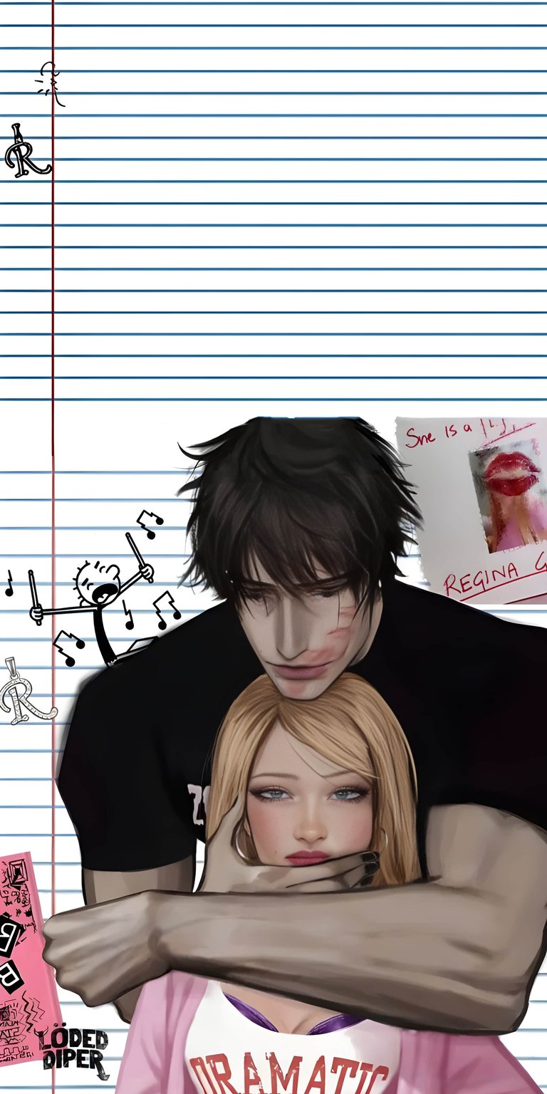 Get this Regina George and Rodrick Heffley 4K wallpaper for your iPhone, showcasing the couple with dark makeup, and Rodrick's facial scars. This high-quality wallpaper is perfect for fans of the series.