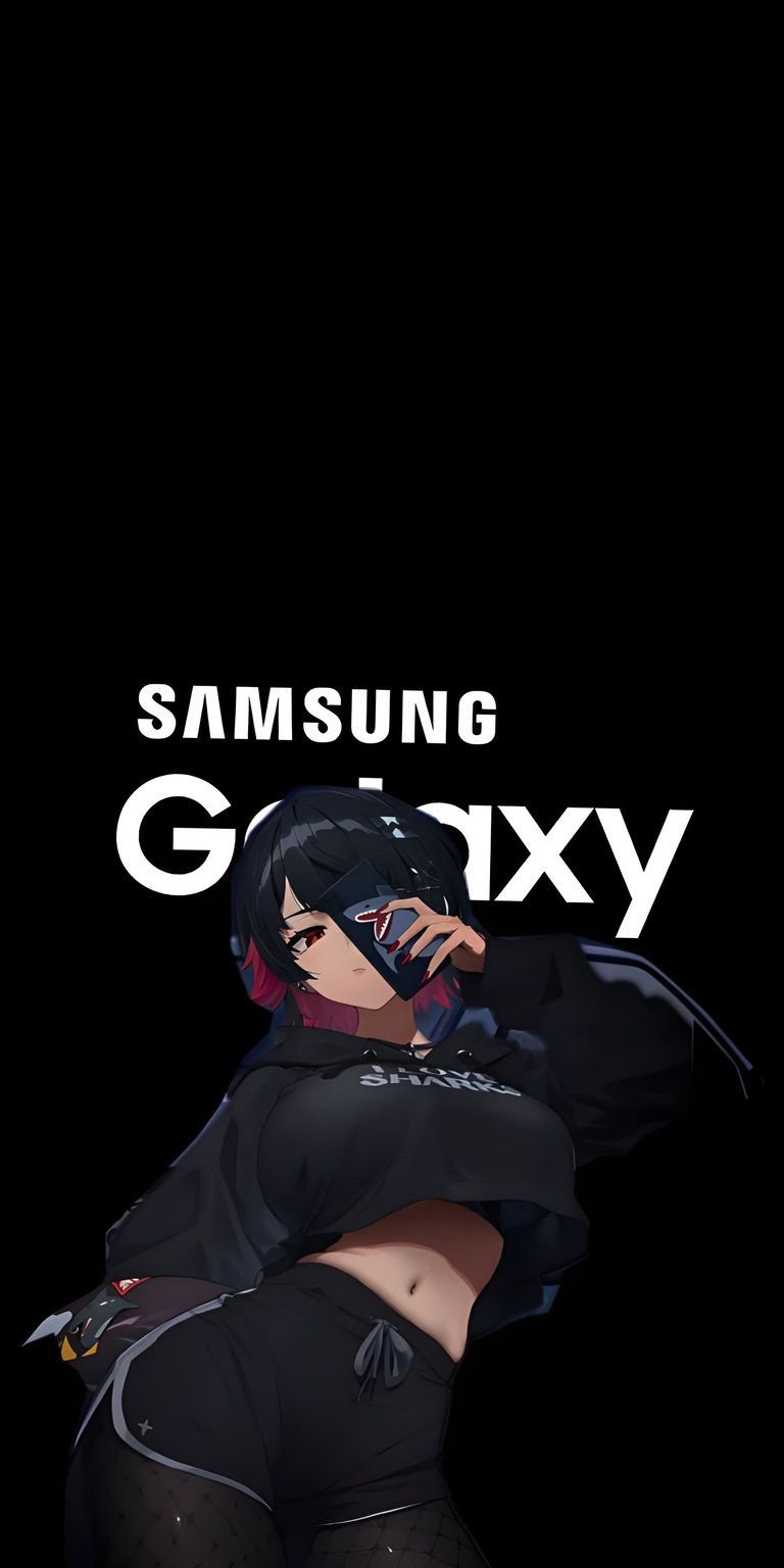 This Samsung Galaxy Anime Girl 4K wallpaper features a stylish hoodie-wearing character in a clean, tech-inspired composition. A perfect mobile wallpaper for tech enthusiasts looking for a sharp, branded aesthetic on their high-resolution smartphone display.