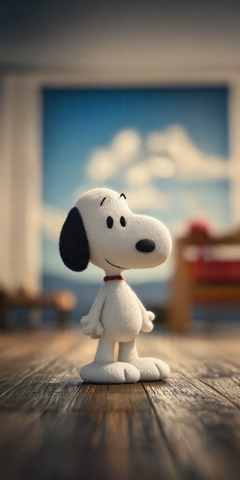Download this adorable Snoopy 4K wallpaper for your iPhone. The wallpaper showcases Snoopy standing on a hardwood floor with a red collar and a dreamy sky background.