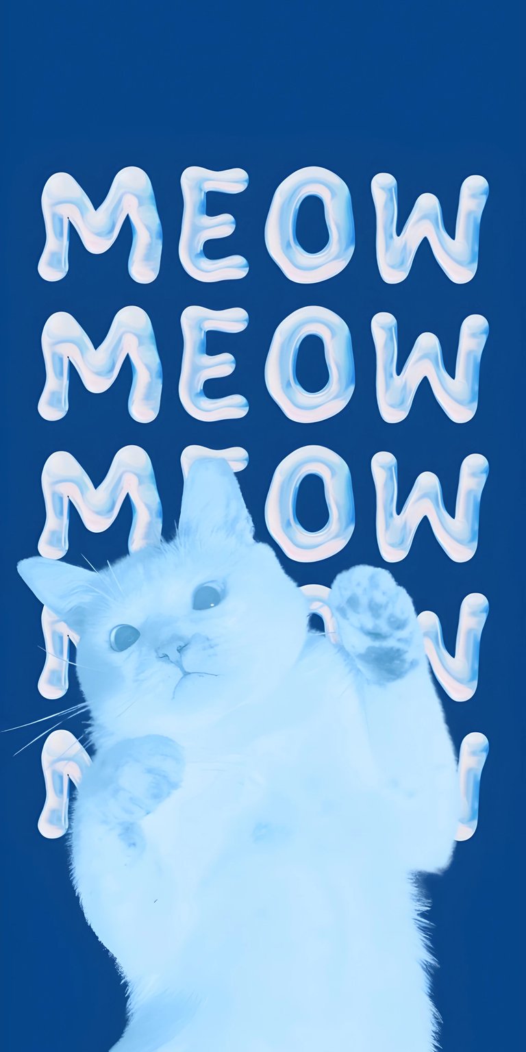 Download this cute Meow Cat 4K wallpaper for your iPhone, featuring the playful kitten raising its paw. The monochromatic blue wallpaper also features the word "Meow" in a fun, bubbly font.
