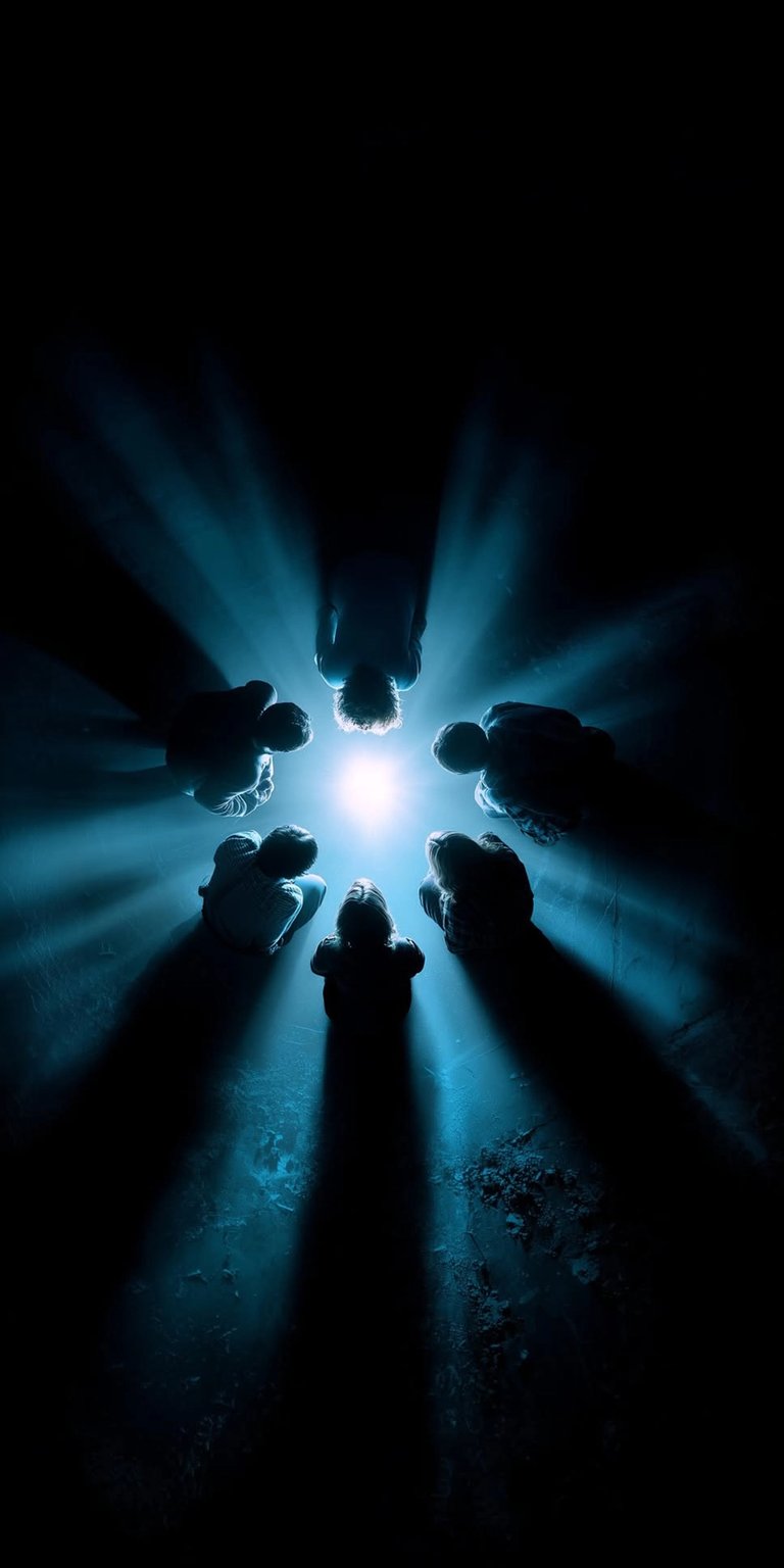 Download this The OA 4K wallpaper for your iPhone, featuring six figures standing in a circle around a radiant light. This striking wallpaper also showcases dramatic blue light rays and silhouettes.