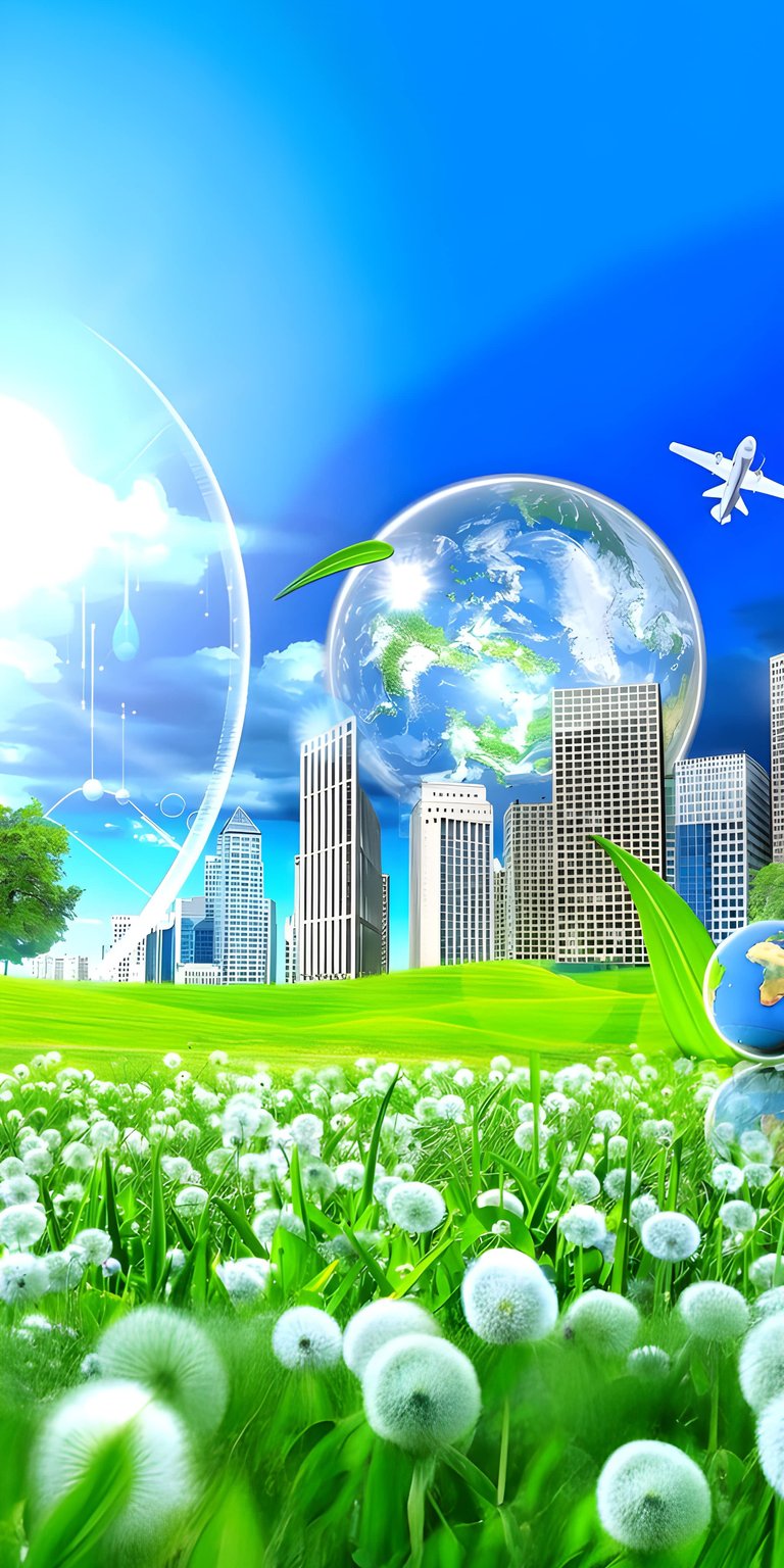 Download this striking Earth City 4K wallpaper for your iPhone, showcasing a globe amidst skyscrapers under a clear blue sky. This stunning wallpaper features a dandelion field and a distant airplane.