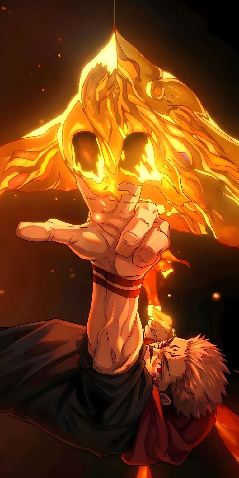 Download this intense Yuji Itadori 4K wallpaper for your iPhone, showcasing his spiky blonde hair, red eyes, and the flaming skull above his hand. This captivating wallpaper is perfect for any fan.