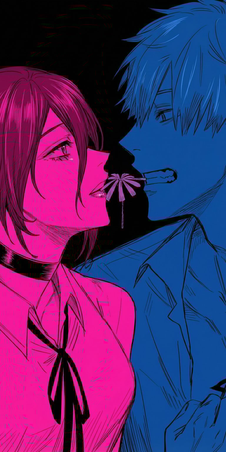 This stunning 4K wallpaper showcases Reze and Denji in a split pink and blue color scheme for iPhone. Notice the flower between their mouths and Reze's choker to complete this amazing wallpaper.