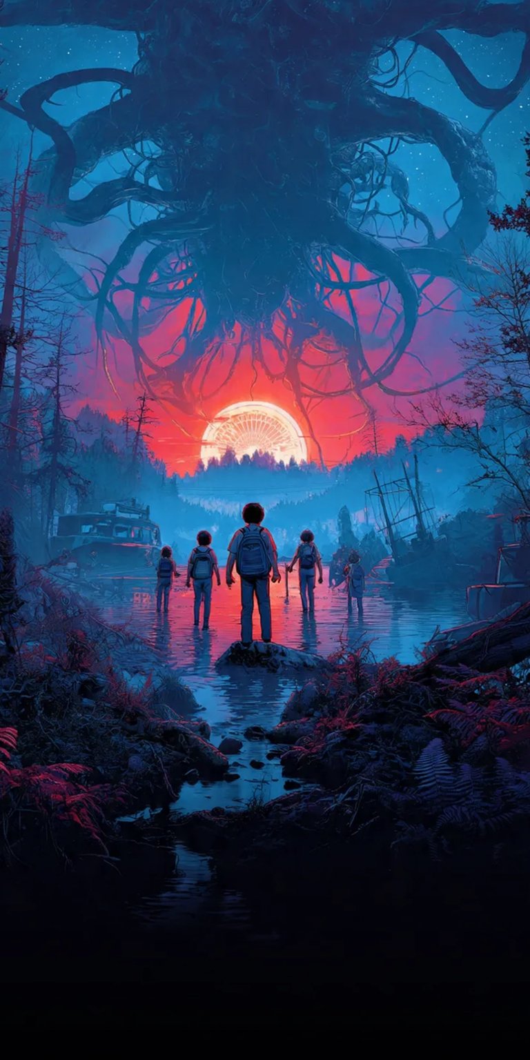 Download this stunning Stranger Things wallpaper in 4K resolution for your iPhone, showcasing the iconic group standing in a body of water with backpacks. This eerie wallpaper features a dark, ominous tree-like figure overhead and a vivid sunset.