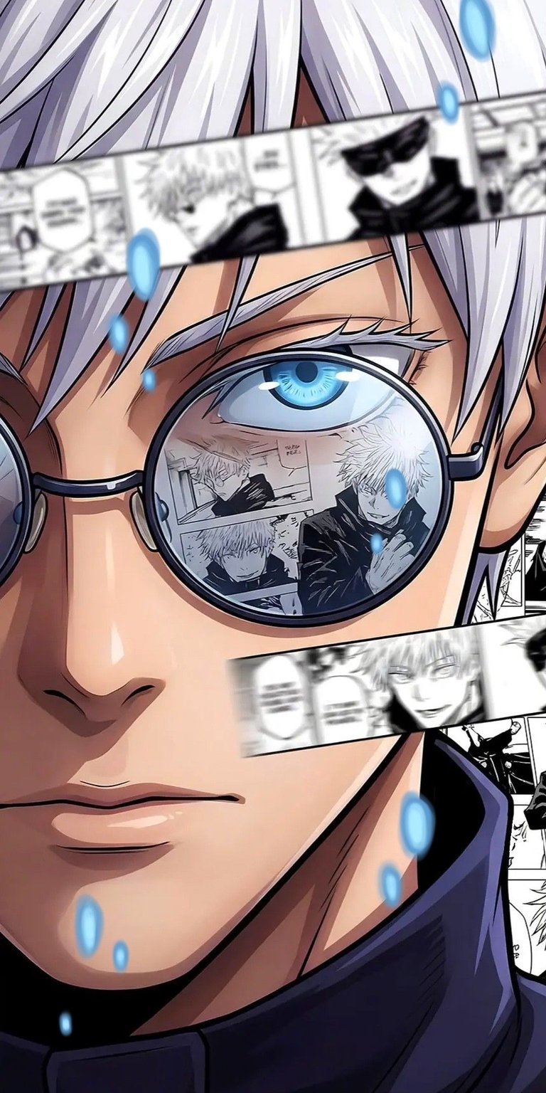 Gojo Satoru 4K Wallpaper featuring Satoru Gojo with striking blue eyes and layered manga reflections. This aesthetic wallpaper for iPhone highlights sharp anime details and dramatic lighting, making the wallpaper perfect for lock screen and home screen customization.