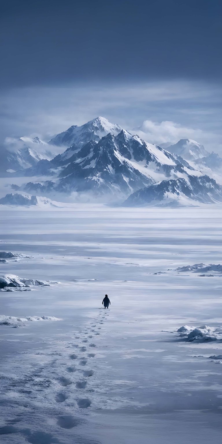 Nihilist penguin 4K wallpaper featuring a solitary penguin trekking across a wide, footprint-laden snowfield toward distant mountains. It is a perfect iPhone wallpaper for those who appreciate high-resolution minimalist landscapes and cold-weather aesthetics.