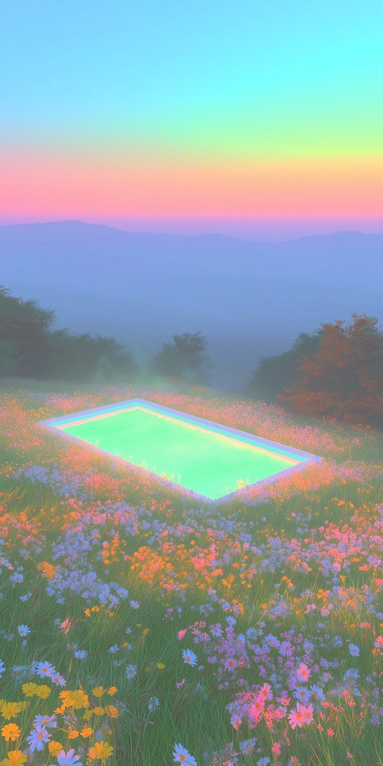 Download this dreamy neon pool 4K wallpaper for your iPhone! This stunning wallpaper features a glowing pool surrounded by a field of colorful wildflowers and a soft, rainbow-colored sky.