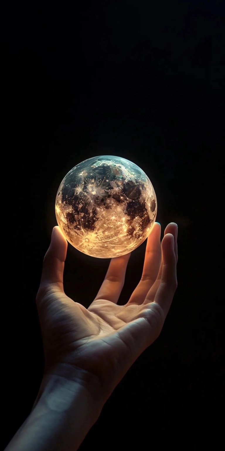 Hand holding moon 3D spatial depth effect iPhone wallpaper HD