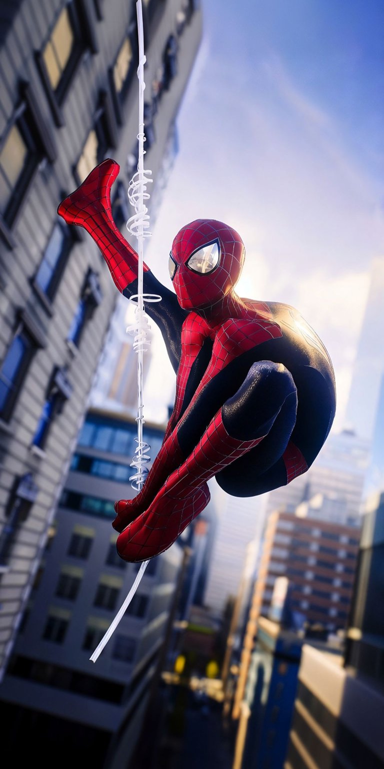 Download this Spider-Man wallpaper in 4K for your iPhone, showcasing him clinging to a web with shiny metallic eyes. The amazing shot features buildings with reflective windows fading into the background.